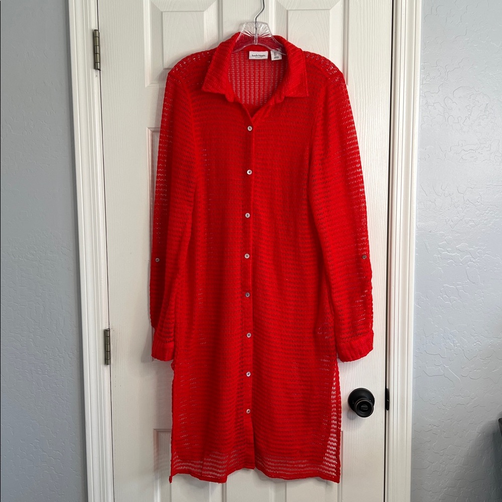 Haute Hippie Style red long sleeve button up swim coverup open knit Large - Picture 2 of 11